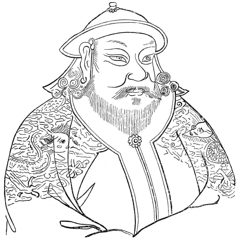 Portrait of Kublai Khan or Setsen Khan, 13th century, Mongolian ruler, emperor of China, founder of the Yuan dynasty, meeting with Marco Polo, China, headpiece, curls, mantle with ornaments, beard, historical illustration 19th century