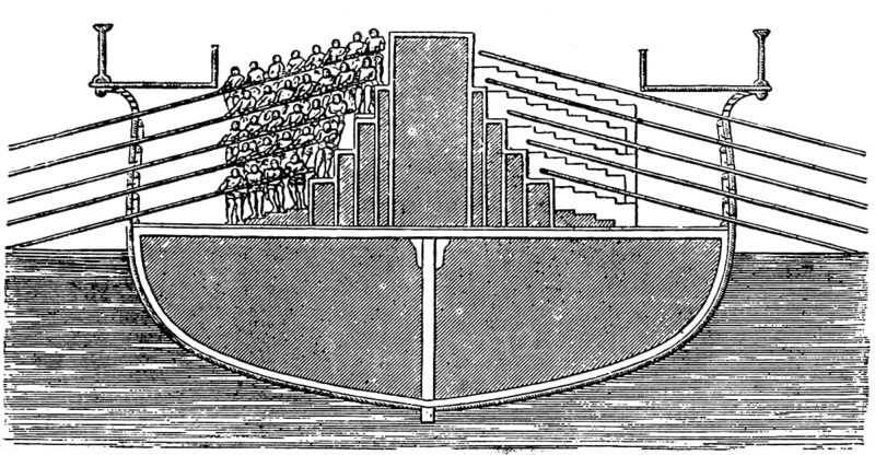 Cross-section of a Greek five-rower, shipping, people sitting on top of each other on five floors, high speed, low altitude, wide width, slaves rowing, owing, at sea, traveling, antiquity, Greece, historical illustration 19th century