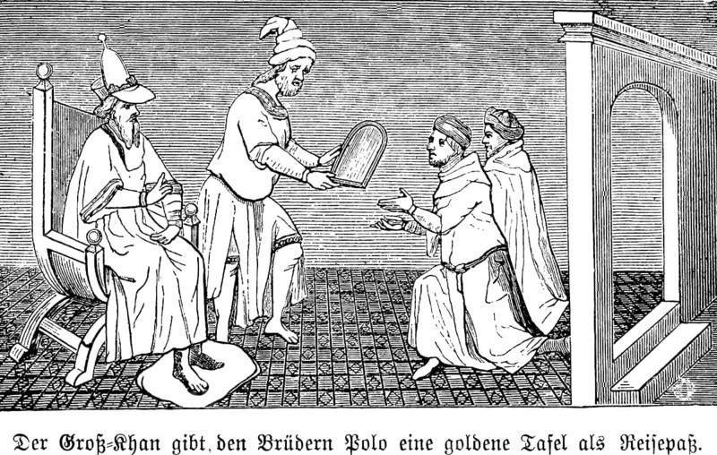 The big barge gives the brothers Niccolò and Maffeo Polo a golden tablet as a passport, 13th century, year 1266, Khan sitting, polo brothers on knees, interior at the court of the Mongol ruler, permission, Venetian trade travelers, China, historical illustration 19th century