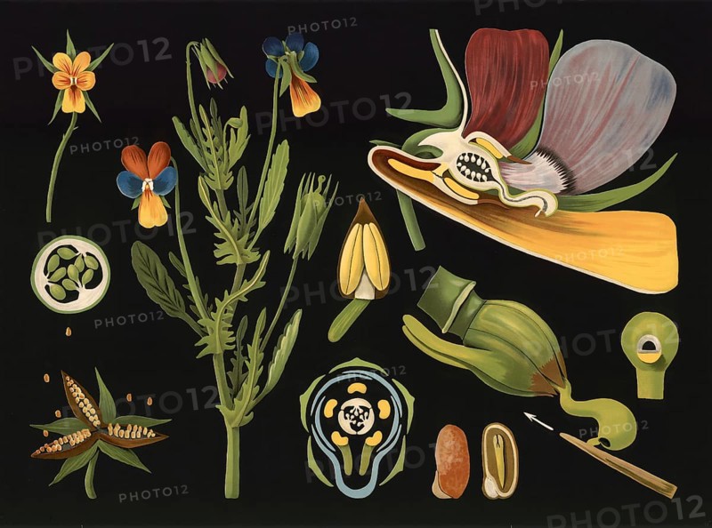 Scientific illustration with details, pansies, viola tricolor, school picture, authentic reproduction of a school mural, around 1909, based on an original by Gottlieb von Koch, exact date unknown, historical