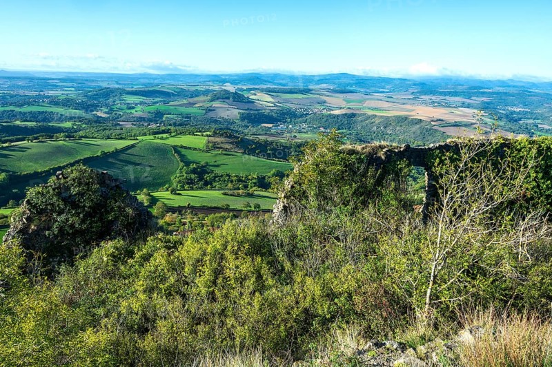 Ruins of medieval castle of Buron on Limagne plain. Puy de Dome. Auvergne Rhone Alpes. France