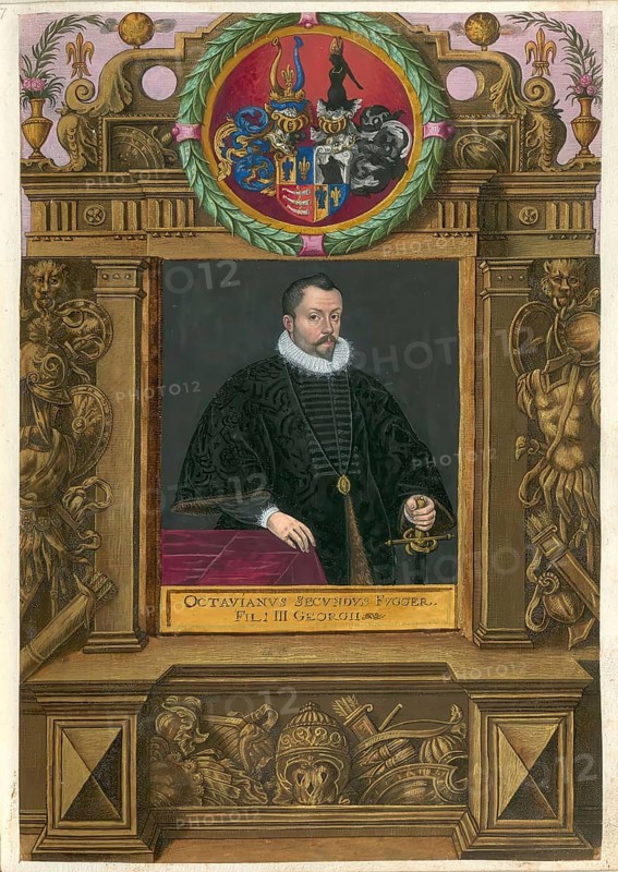 Members of the famous Augsburg Fugger family, Octavianus Secundus Fugger (1544-1600), member of the famous Augsburg merchant family Fugger, authentic reproduction from Fuggerorum et Fuggerarum imagines, a collection of coloured engravings created in the late 16th and early 17th century and made by Dominicus Custos, historical