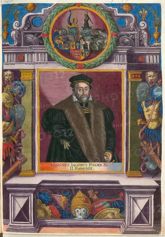 Members of the famous Augsburg-based Fugger family, Johannes Jakob Fugger, also known as Hans Jakob, was born on December 23, 1516 in Augsburg as the eldest son of Raymund Fugger and his woman Katharina Thurzo of Bethlemfalva, authentic reproduction from Fuggerorum et Fuggerarum imagines, a collection of colored copper engravings created in the late 16th and early 17th century and made by Dominicus Custos, historic