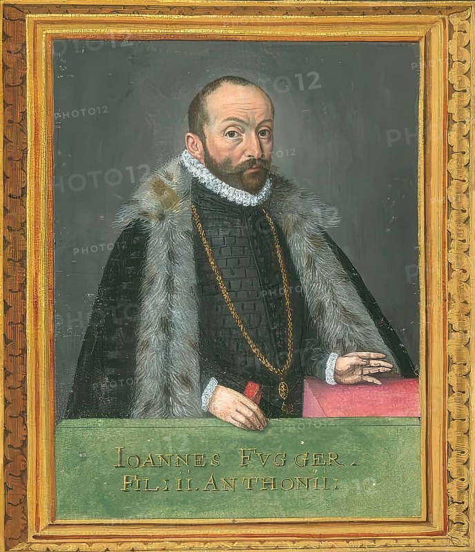 Members of the famous Augsburg Fugger family, In the history of the Fugger family, Johannes Fugger usually refers to Hans Fugger (1531 - 1598), who was an important son of Anton Fugger, authentic reproduction from Fuggerorum et Fuggerarum imagines, a collection of coloured engravings produced in the late 16th and early 17th century by Dominicus Custos, historical
