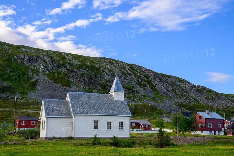 Nordfjord church on Ytre Syltefjord in natural, peaceful surroundings, Nordfjord, Båtsfjord, Finnmark, Norway