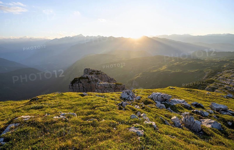 Sunset over the Adamello Group, mountain landscape on the Grosté Plateau, Brenta Mountains, Trentino, Italy