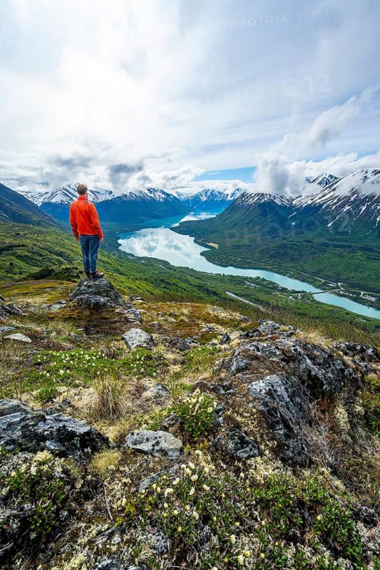 Climber enjoying the view, Slaughter Ridge Trail, view of snowy mountains and turquoise blue Kenai Lake, Cooper Landing, Kenai Peninsula, Alaska, USA