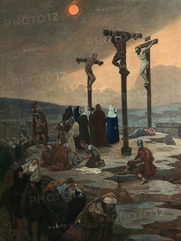 Scene from the biblical story, The Crucifixion of Jesus Christ, authentic reproduction of a school mural, historical, around 1900