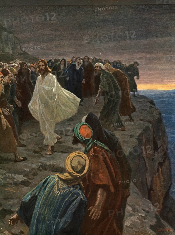 Scene from the biblical story, Cliff in Nazareth, refers to the traditional place, Mount Precipice, Mount Kedumim, from where the angry crowd in the synagogue tried to overthrow Jesus after he had read from the script, authentic reproduction of a school mural, historical, around 1900