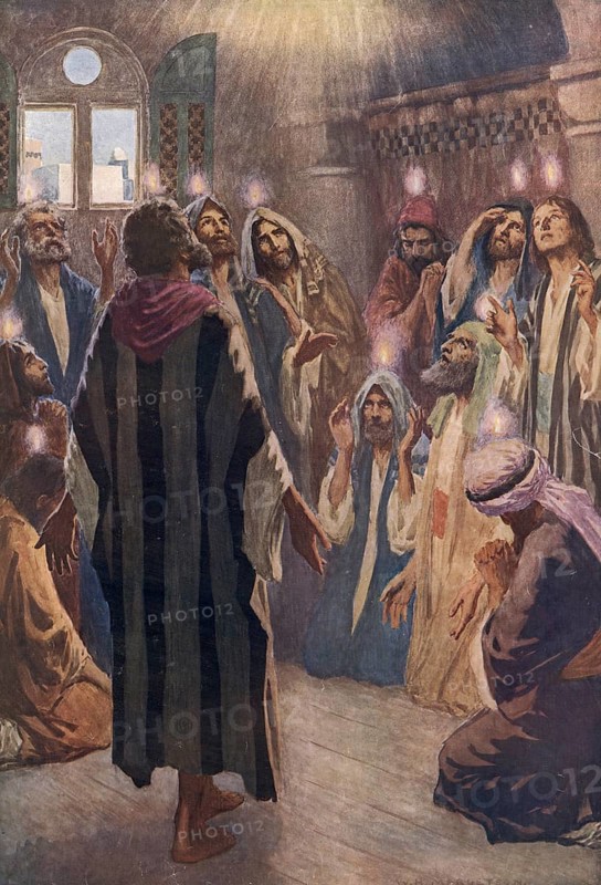 Scene from the biblical story, The Coming of the Holy Spirit, Arrival, authentic reproduction of a school mural, historical, around 1900