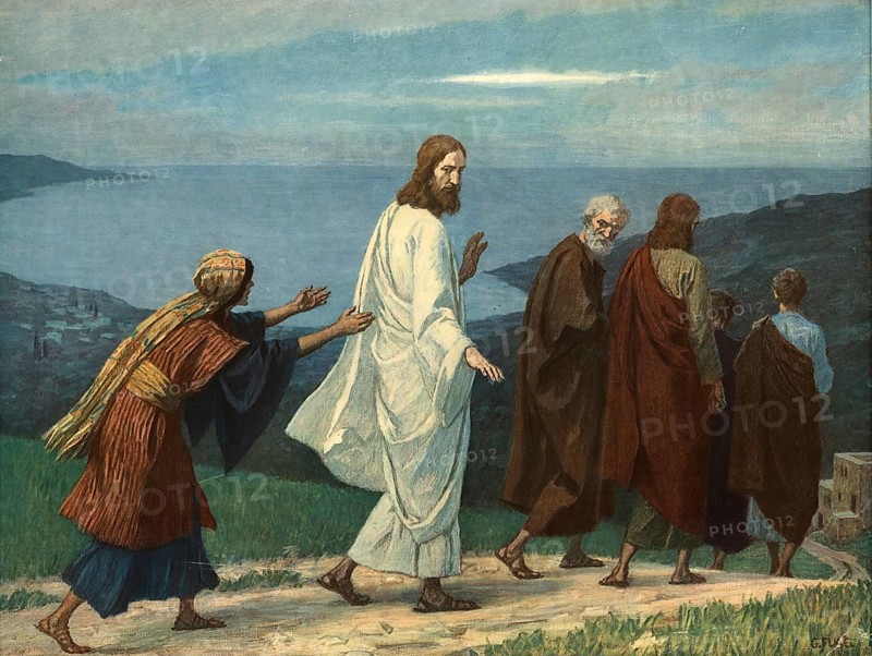 Scene from the biblical story, The Bleeding Woman. The woman had been suffering from uninterrupted bleeding for twelve years and was considered ritually unclean under the Jewish law of the time. After spending her entire fortune unsuccessfully on doctors, she secretly touched the hem of Jesus' robe in faith and was instantly healed, authentic reproduction of a school mural, historical, around 1900