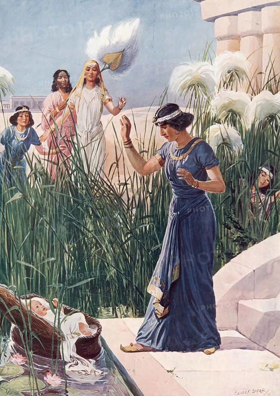 Scene from the biblical story, The Pharaoh's Daughter discovered the crying child Moses while bathing and accepts it out of compassion, authentic reproduction of a school mural, historical, around 1900