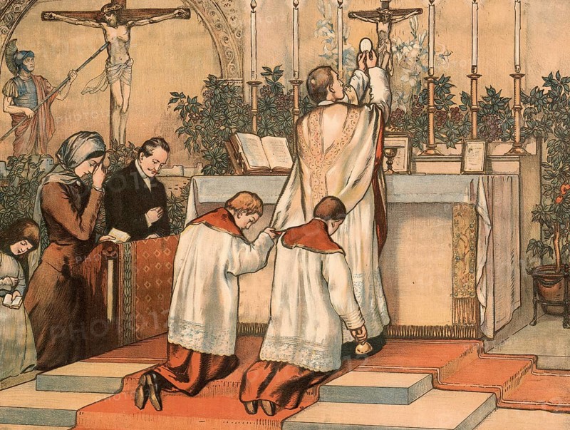 Scene from the biblical story, prayer of thanksgiving in the biblical sense, a combination of psalm verses and an invitation to Jesus, thanksgiving prayer in church, authentic reproduction of a school mural, historical, around 1900