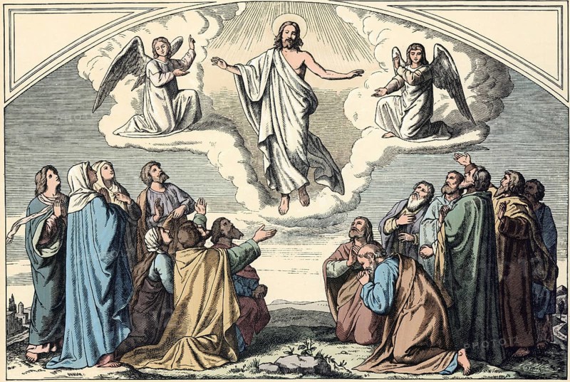 Scene from the biblical story, Ascension Day, a central event that describes how Jesus ascended physically to heaven after his resurrection and sits at the right hand of God, authentic reproduction of a school wall painting, historical, around 1900