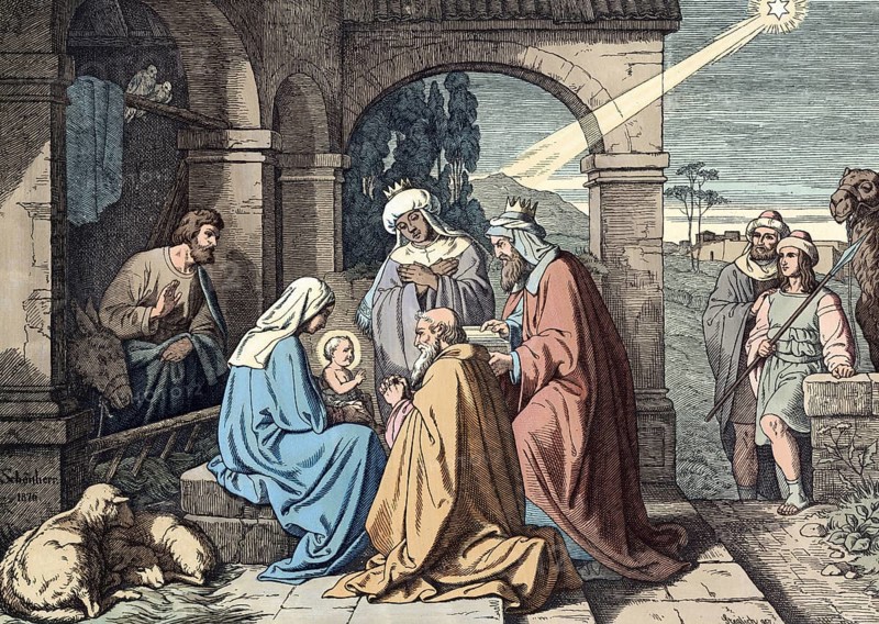 Scene from the biblical story, The Adoration of the Magi describes the biblical motif in which wise men from the East bring gifts to the baby Jesus, authentic reproduction of a school mural, historical, around 1900