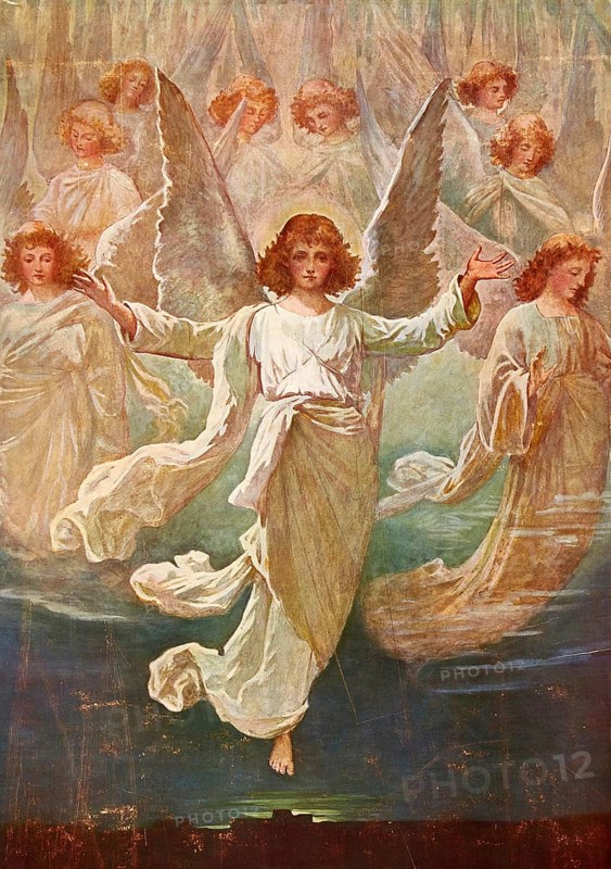 Scene from the biblical story, The Choir of Angels, authentic reproduction of a school mural, historical, around 1900