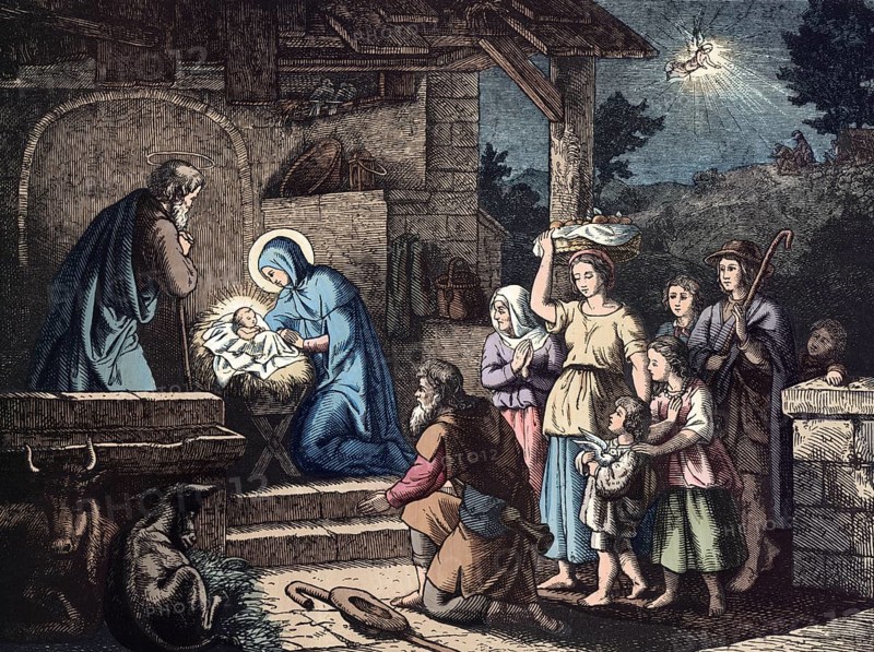 Scene from the biblical story, The Birth of Jesus, authentic reproduction of a school mural, historical, around 1900