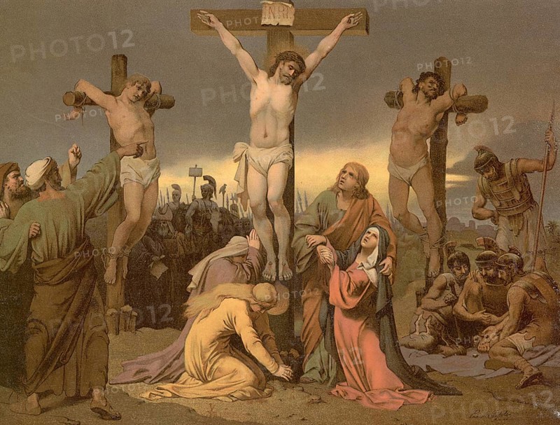 Scene from the biblical story, The Crucifixion of Jesus Christ, authentic reproduction of a school mural, historical, around 1900