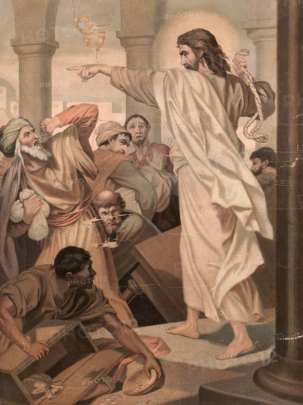 Scene from the biblical story, The Cleansing of the Temple is a biblical story in which Jesus drives the merchants and moneychangers out of the temple in Jerusalem, authentic reproduction of a school mural, historical, around 1900