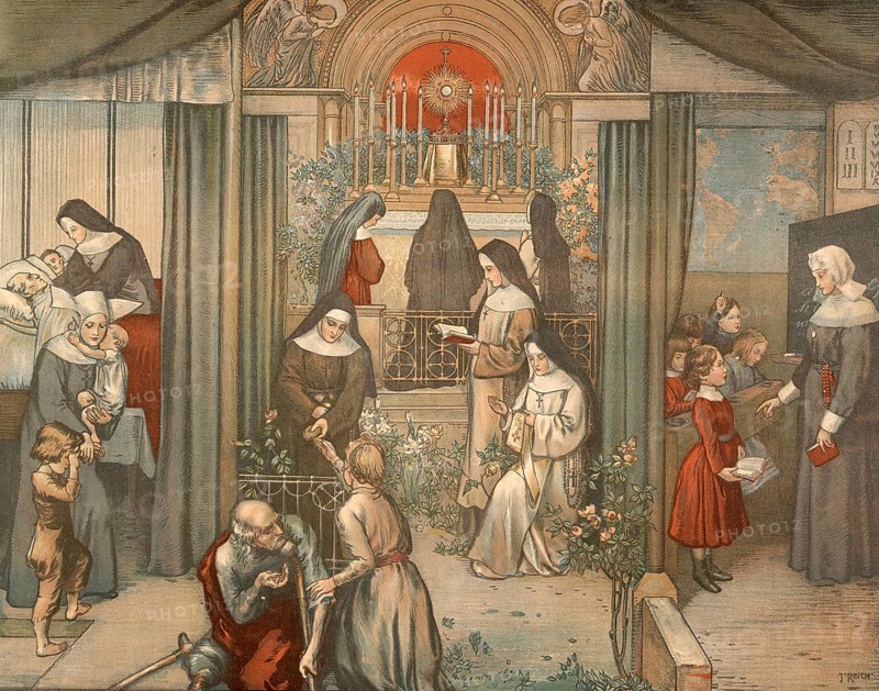 Scene from the biblical story, Christian monasticism, nuns, authentic reproduction of a school mural, historical, around 1900