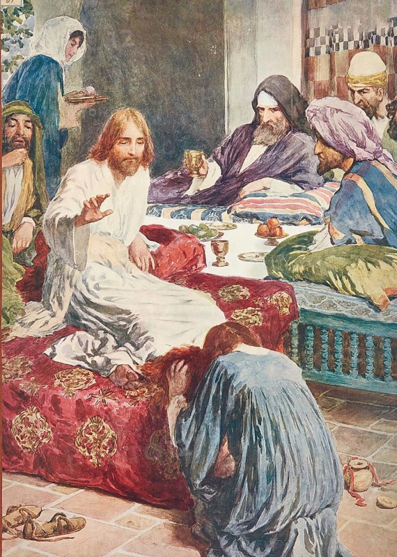 Scene from the biblical story, story of Mary and the alabaster bottle, where a woman anoints Jesus in Bethany, in the house of Simon the Leper, with a very precious, heavy alabaster vessel with expensive nard oil, which the disciples rebuke but acknowledges Jesus as preparation for his burial, authentic reproduction of a school mural, historical, around 1900