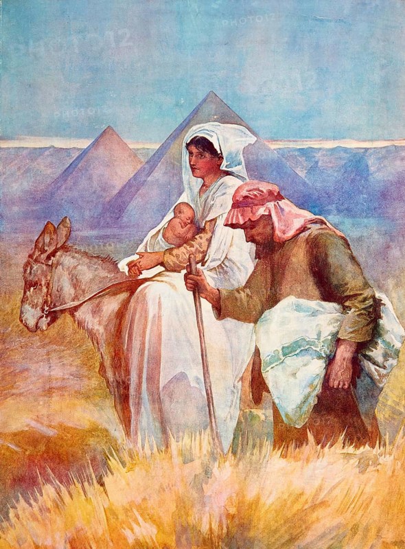 Scene from the biblical story, The Flight of Mary, Jesus and Joseph into Egypt, authentic reproduction of a school mural, historical, around 1900