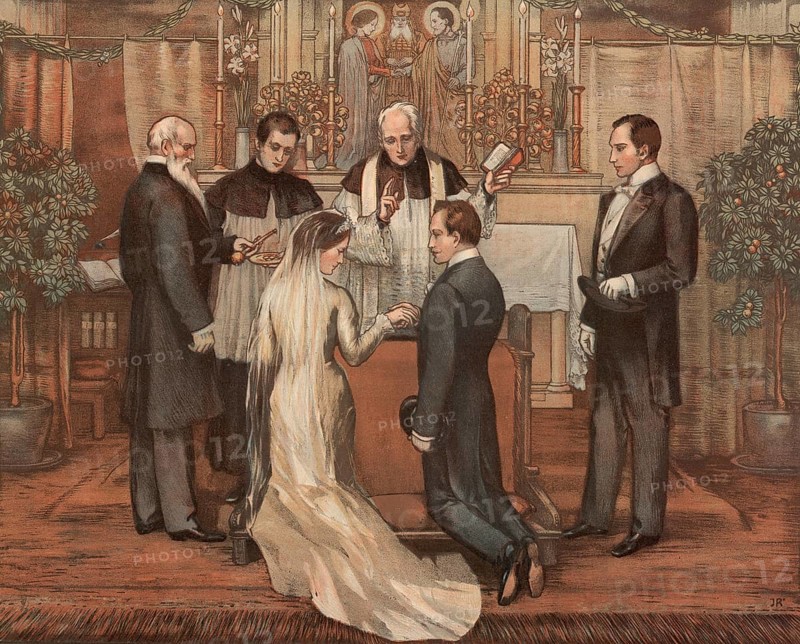Symbolic photo for a church wedding, wedding by a priest, authentic reproduction of a school mural, historic, around 1900