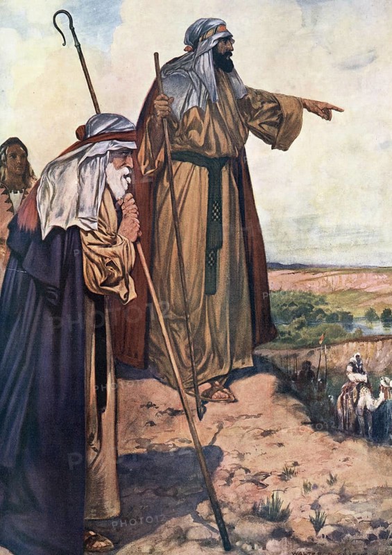Scene from the biblical story, Lot's selection, Lot's decision to choose the fertile plain around the sinful cities of Sodom and Gomorrah instead of staying with his Uncle Abraham, authentic reproduction of a school mural, historical, around 1900