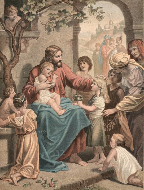 Scene from the biblical story, Jesus speaks Let the little children come to me and do not hinder them, because the Kingdom of Heaven belongs to them, authentic reproduction of a school mural, historical, around 1900
