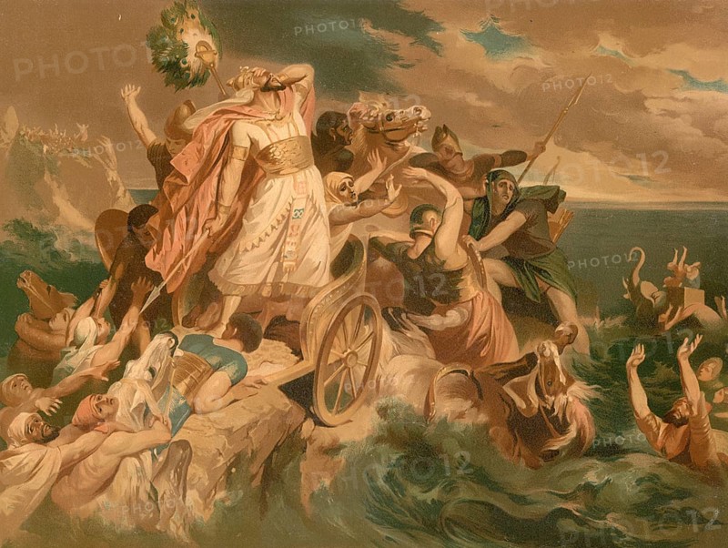 Scene from the biblical story, The Fall of the Pharaoh is one of the central narratives of the Old Testament. It describes God's victory over Egyptian tyranny and the liberation of the Israelites from slavery, authentic reproduction of a school mural, historical, around 1900