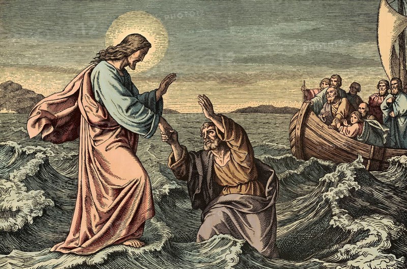 Scene from the biblical story, Bible story of Peter walking on water describes how Jesus crosses the water on the Sea of Galilee and Peter gets out of the boat at Jesus' invitation to go to him, authentic reproduction of a school mural, historical, around 1900