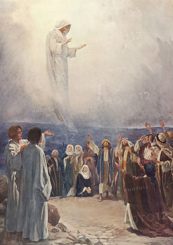 Scene from the biblical story, Ascension Day, the Christian festival celebrating the bodily ascension of Jesus Christ into heaven after his resurrection, authentic reproduction of a school wall painting, historical, around 1900