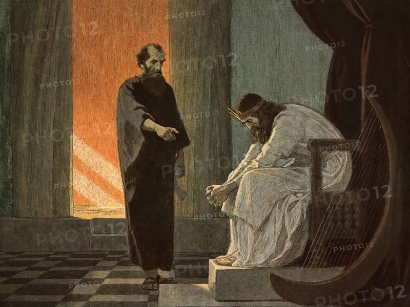 Scene from the biblical story, Prophet Nathan, an important advisor to King David in the Bible, known for his courageous confrontation of David's sin with Bathsheba through a parable and his role in confirming David's divine dynasty, authentic reproduction of a school mural, historical, around 1900
