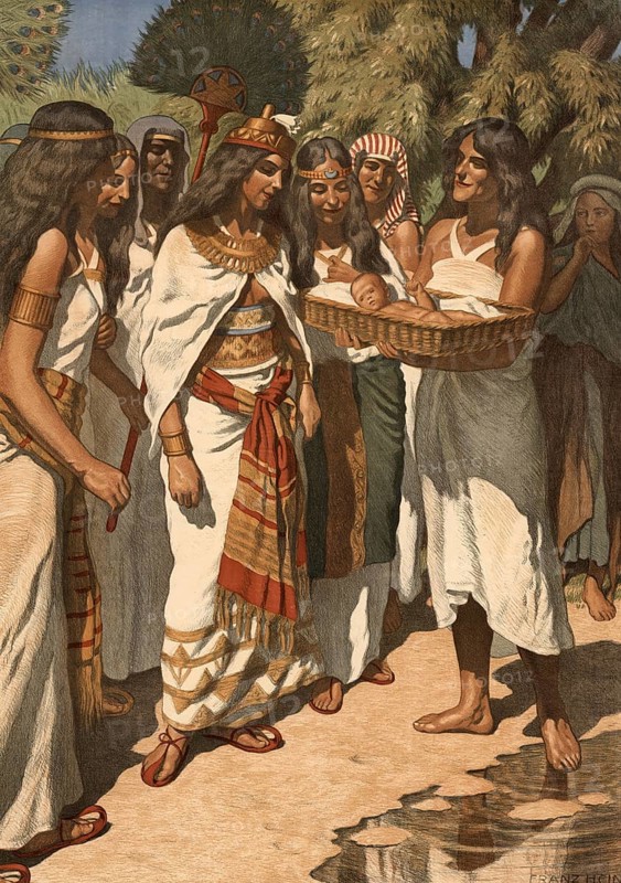 Scene from the biblical story, Moses as a baby is found by the pharaoh's daughter in a reed basket on the Nile, authentic reproduction of a school mural, historical, around 1900