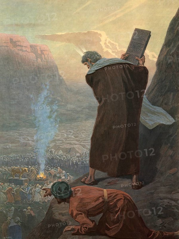 Scene from the biblical story, Moses at Mount Sinai with the law plates, authentic reproduction of a school mural, historical, around 1900