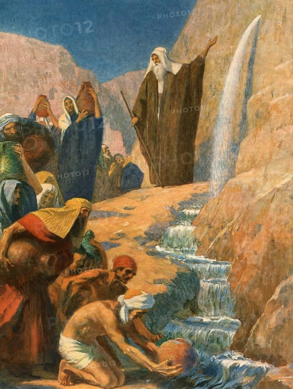 Scene from the biblical story, Moses knocks water out of the rock, a central miracle in the Old Testament, in which the thirsty Israelite tribe in the desert is saved by God's direction by Moses hitting a rock with his staff and letting life-giving water spring out, authentic reproduction of a school mural, historic, around 1900