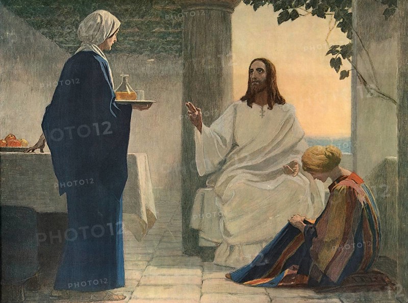 Scene from the biblical story, Mary and Martha, two sisters from Bethany who were close friends with Jesus, authentic reproduction of a school wall painting, historical, around 1900