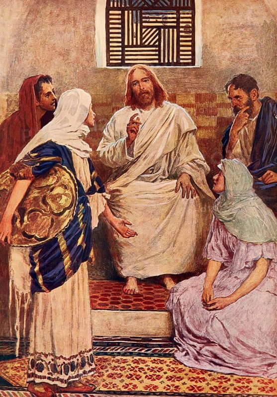 Scene from the biblical story, Mary and Martha, two sisters from Bethany who were close friends with Jesus, authentic reproduction of a school wall painting, historical, around 1900