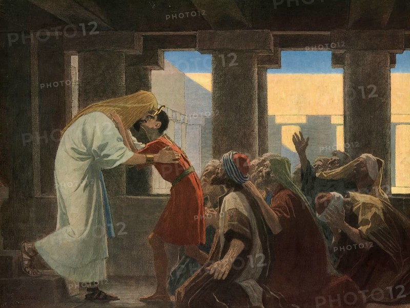 Scene from the biblical story, Joseph reveals himself to his brothers, authentic reproduction of a school mural, historical, around 1900