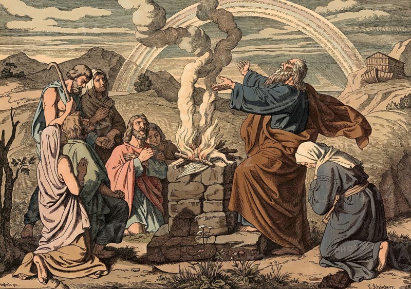 Scene from the biblical story, sacrifice of Noah, first action of Noah after he and his family had left the ark after the flood, authentic reproduction of a school wall painting, historical, around 1900