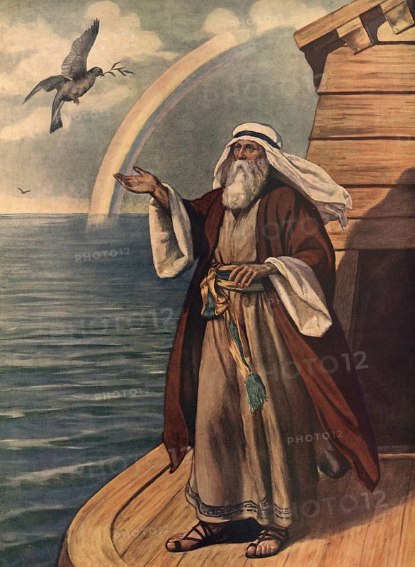 Scene from the biblical story, Noah, a central figure in the Bible, Genesis, who was chosen by God to survive the flood by building an ark and to start humanity anew, authentic reproduction of a school mural, historical, around 1900