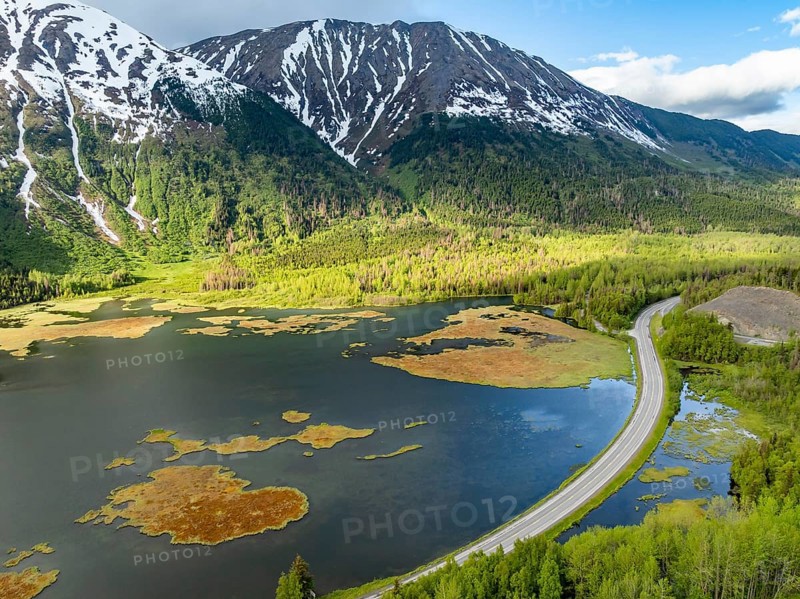 Lake Tern Lake and mountain landscape, aerial view, Moose Pass, Kenai Peninsula, Alaska, USA