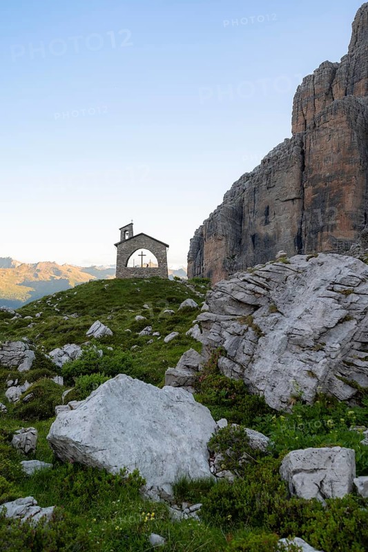 Chapel Cappella Ai Brentei Memorial for injured mountaineers at the Rifugio Ai Brentei mountain hut, picturesque mountain landscape in the morning, Brenta, Trentino, Italy
