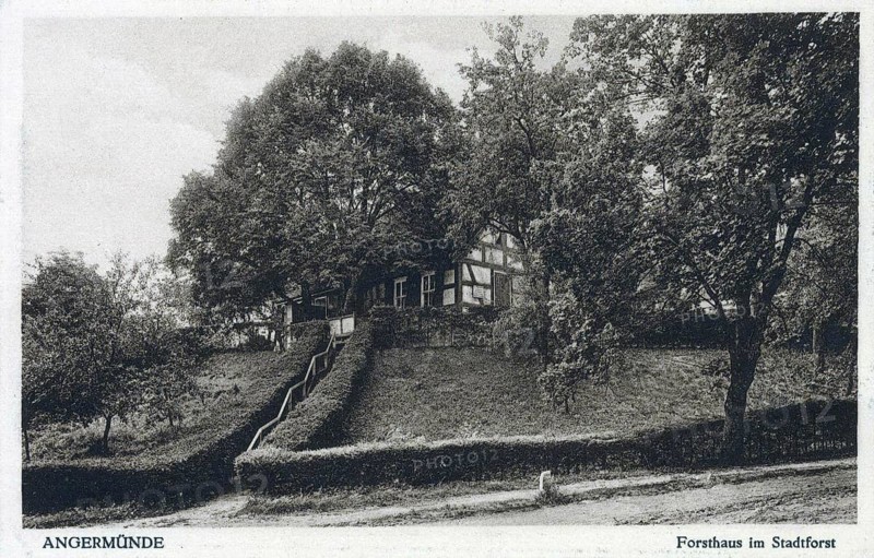 Angermünde, Forsthaus am Stadtforst, district of Uckermark in the state of Brandenburg, Germany, postcard, view around 1900 - 1910, historical, digital reproduction of a historical postcard, authentic, public domain, from that time, exact date unknown
