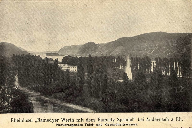 Rhine island Namedyer Werth with the Namedy Sprudel, near Andernach am Rhein, Mayen-Koblenz district, Rhineland-Palatinate, Germany, postcard, view around 1900 - 1910, historical, digital reproduction of a historical postcard, authentic, public domain, from that time, exact date unknown