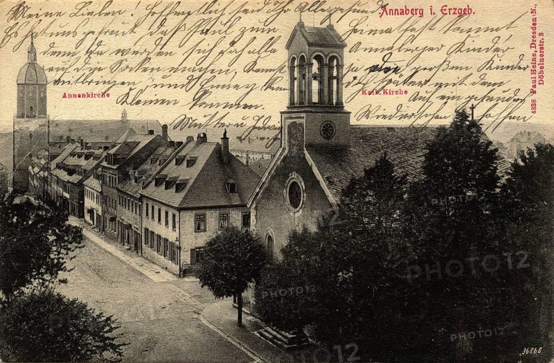 Annaberg in Saxony, St. Anne's Church and Catholic Church, Town in the Ore Mountains, Erzgebirgskreis, Saxony, postcard, view around 1900 - 1910, historical, digital reproduction of a historical postcard, authentic, public domain, from that time, exact date unknown