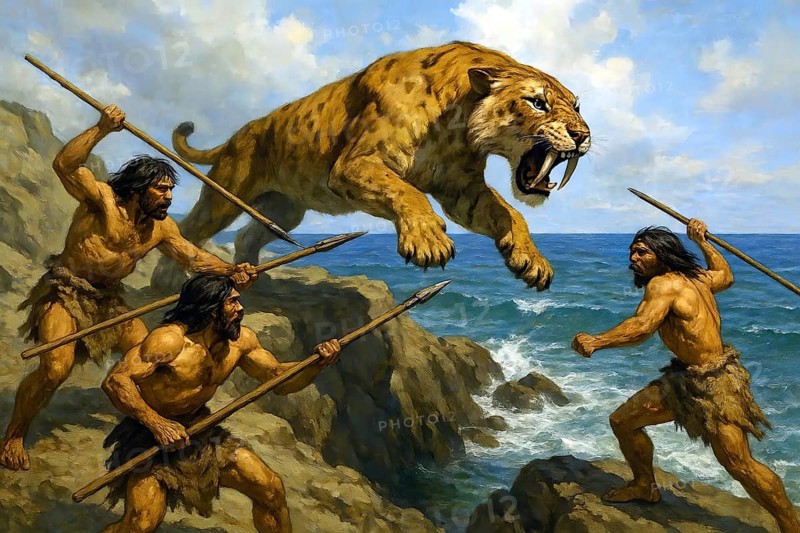 A sabre-toothed tiger, sabre-toothed cat, Smilodon (Machairodontinae) is attacked by prehistoric hunters with spears, symbolic image predator, prehistoric, extinct, animal portrait, Pleistocene, AI generated, AI generated