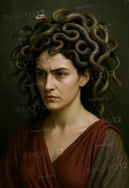 Portrait of Medusa with snakes in her hair, Greek mythology, symbolic image antiquity, meduse, gorgon, monster, snake hair, rigid, perseus, Zeus, head of Medusa, legend, AI generated, AI generated