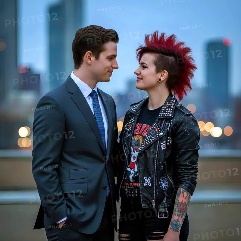 A conservative man in a suit and tie flirts with a young woman, a punk woman with red mohawk cut and leather jacket, symbol rebellious, punk, youth culture, tattoo, AI generated, AI generated