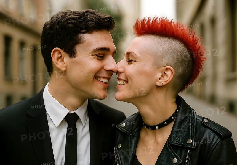 A conservative man wearing a suit and tie flirts with a punk woman with a red mohawk cut and leather jacket, symbol punk, youth culture, subculture, flirtation, love, affection, opposition, contrasting, rebellious, provocative, anti-authoritarian, AI-generated, AI-generated, AI generated